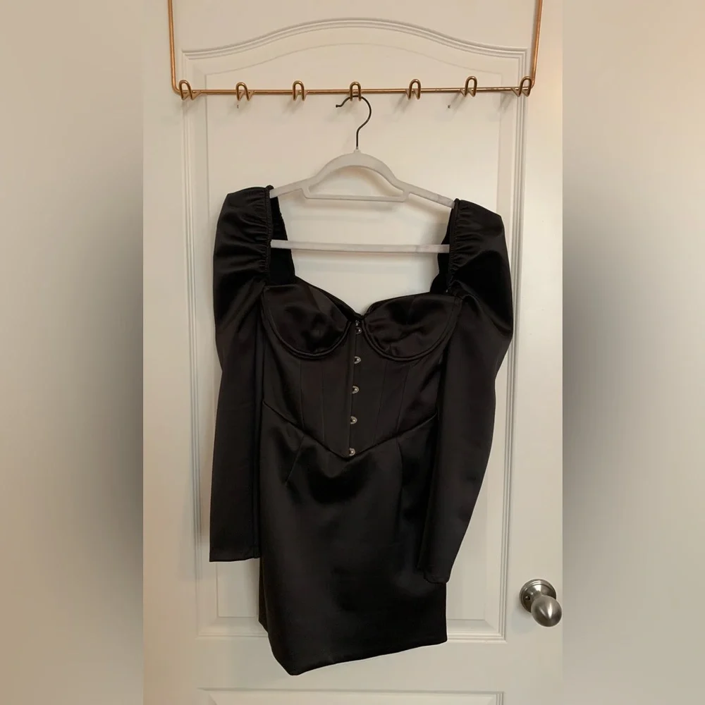 Oh Polly “Possession” Puff Long Sleeve Satin Corset Mini Dress - Picture 3 of 7